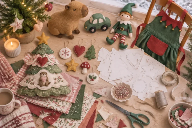 Handmade Christmas sewing projects: a stuffed fabric tree, felt heart ornaments, a felt car, a capybara softie and a kids elf apron with pattern pieces, pins and thread