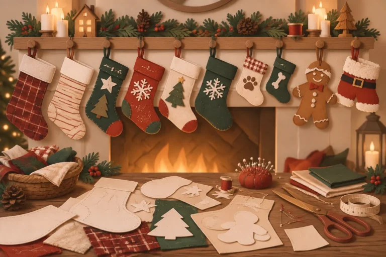 Handmade Christmas stockings in different fabrics and sizes hanging in a row, with a paper stocking pattern, pins, thread and fabric scraps