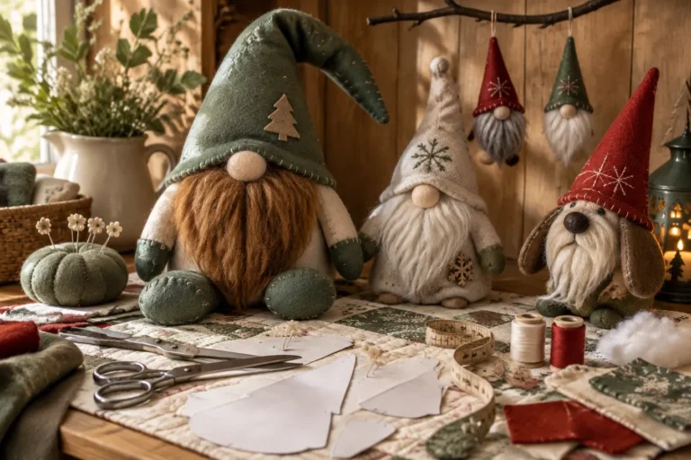 Handmade fabric and felt gnomes with faux fur beards and tall hats among sewing supplies, pattern pieces and pine branches