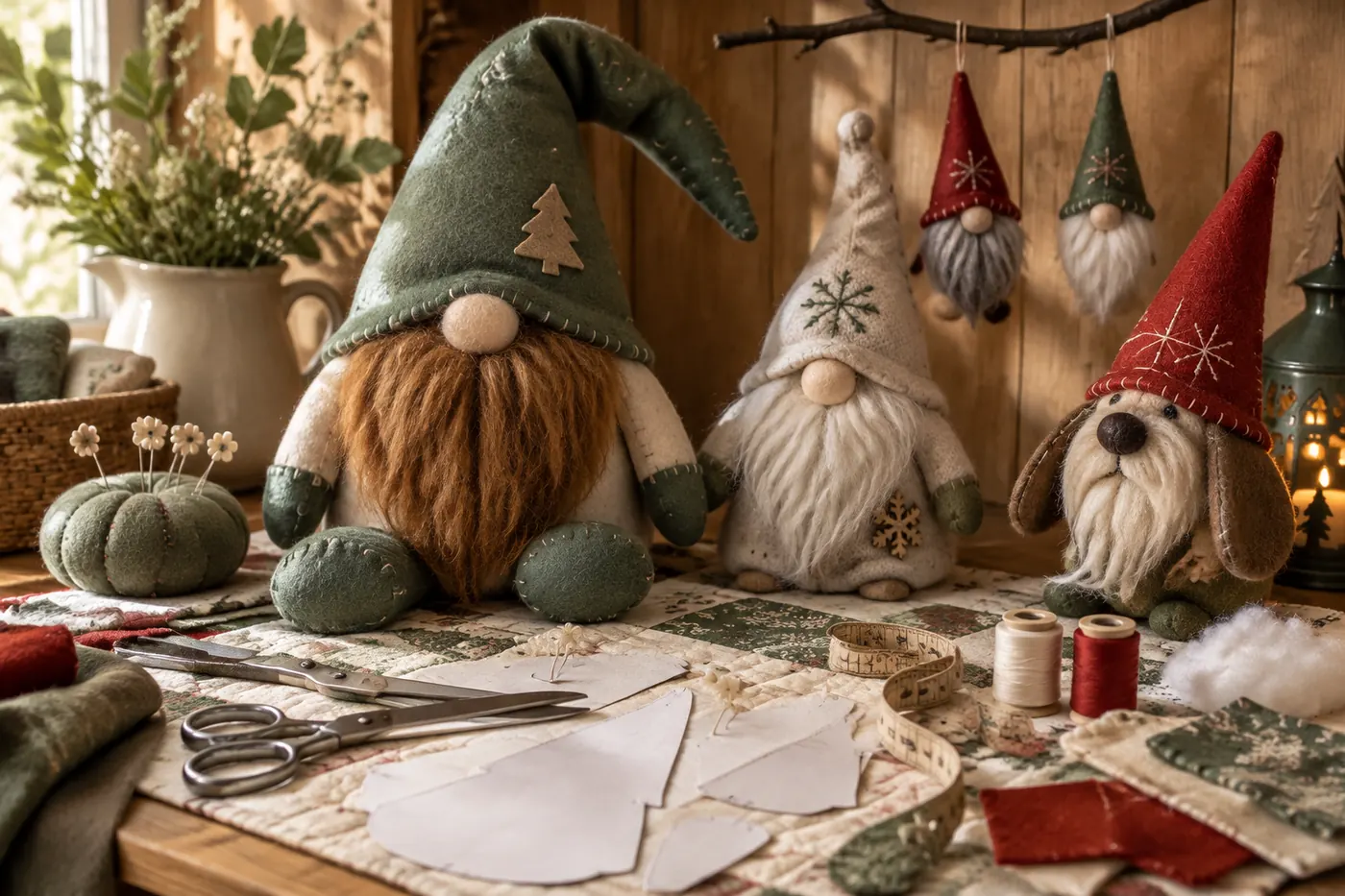 Handmade fabric and felt gnomes with faux fur beards and tall hats among sewing supplies, pattern pieces and pine branches