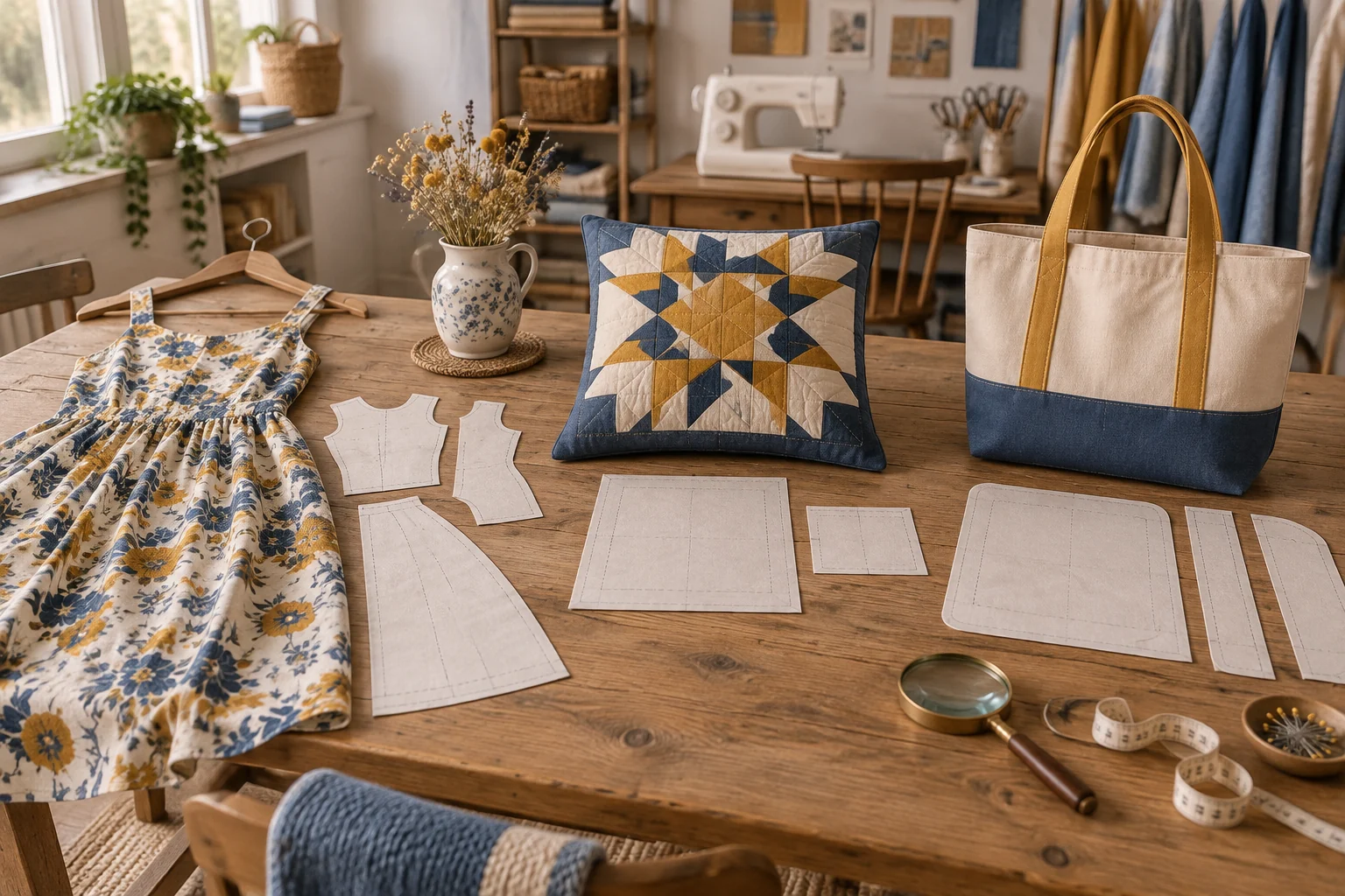 Choosing a sewing pattern at a sewing table